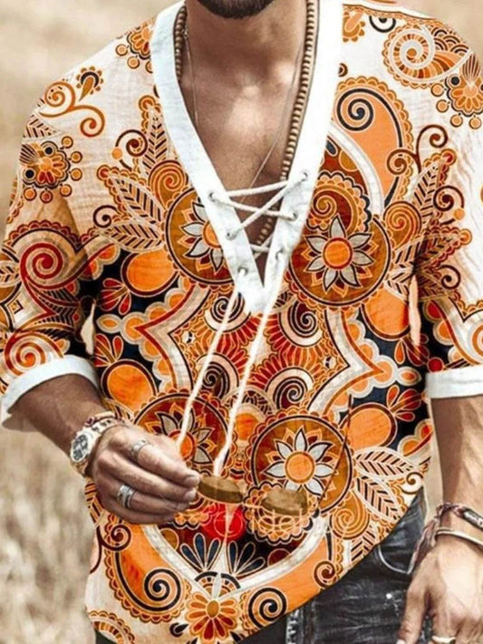 Men's Full Size Printed Lace Up Blouse Plus Size - IntuitiveEncBoutique