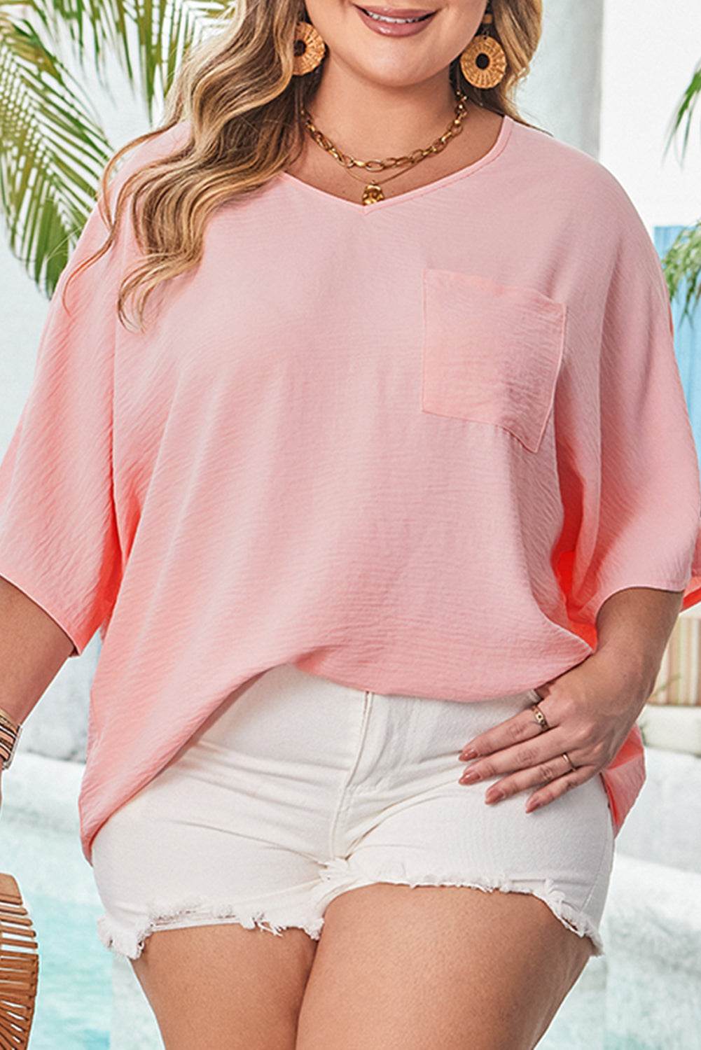 Pink Textured Half Sleeve V Neck Plus Size T Shirt with Chest Pocket - IntuitiveEncBoutique