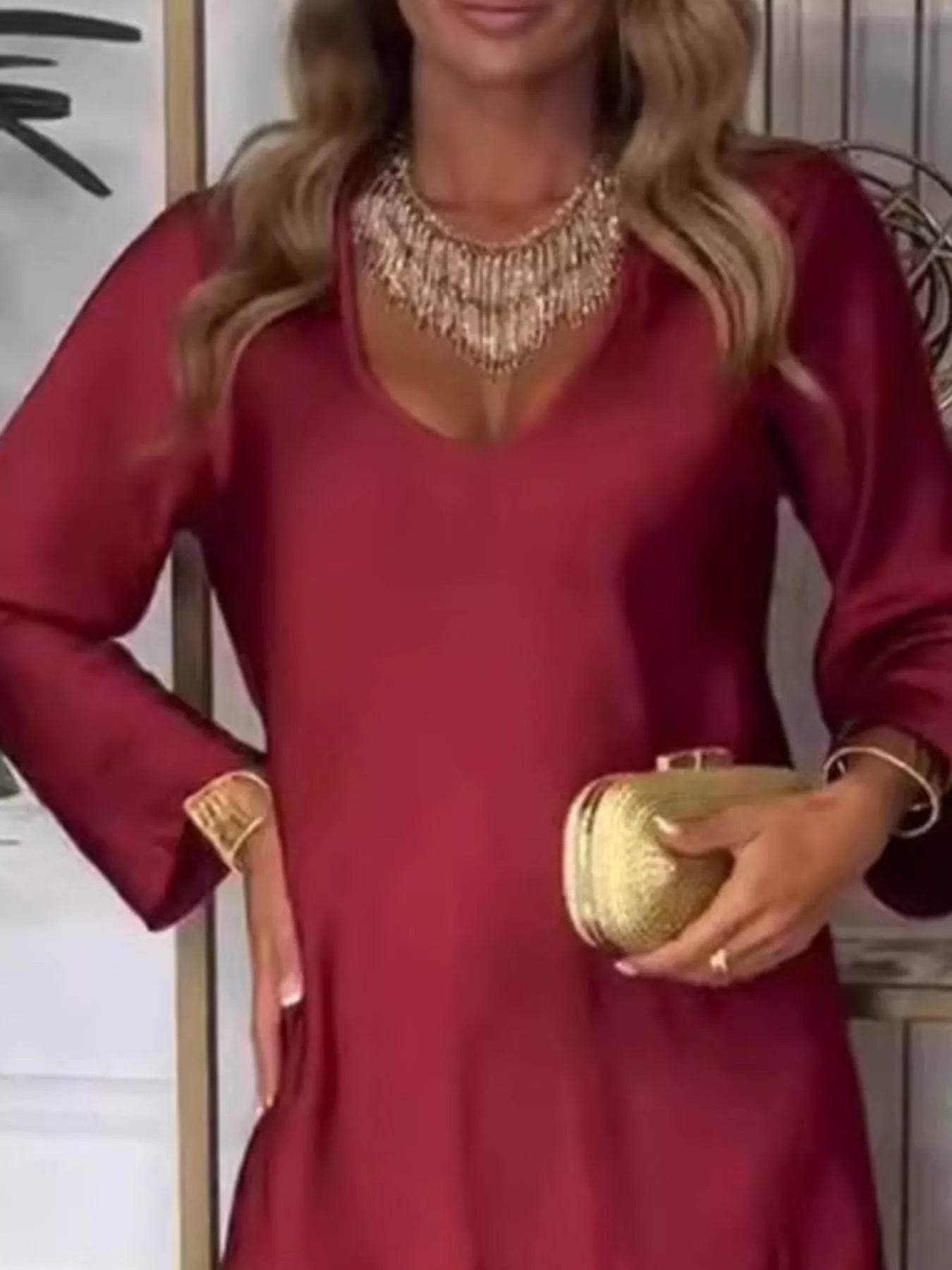 Full Size V-Neck Long Sleeve Midi Dress Plus Size - IntuitiveEncBoutique