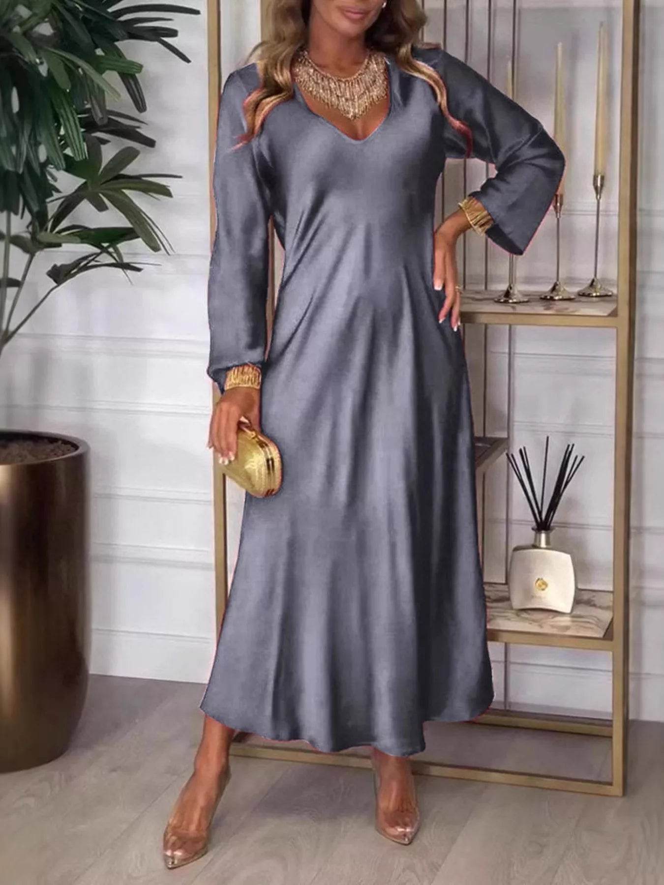 Full Size V-Neck Long Sleeve Midi Dress Plus Size - IntuitiveEncBoutique