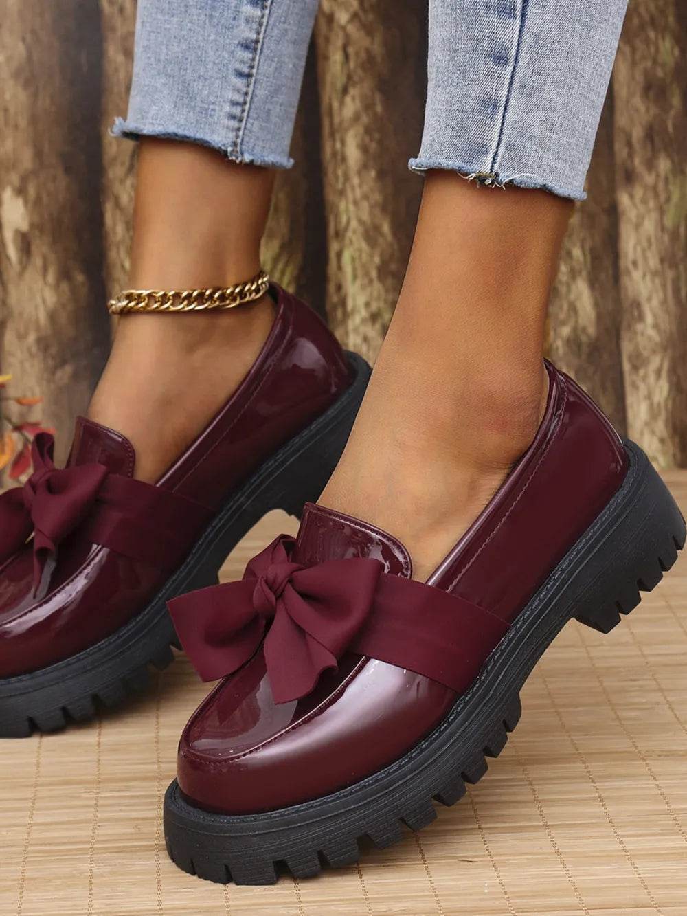 Bow PU Leather Round Toe Loafers - IntuitiveEncBoutique