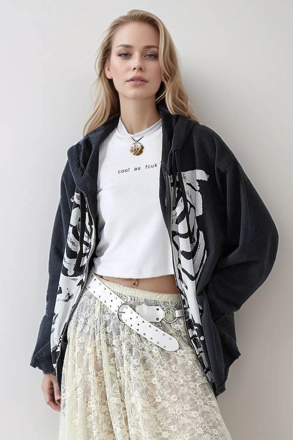 Skeleton Zip Up Drawstring Hoodie - IntuitiveEncBoutique