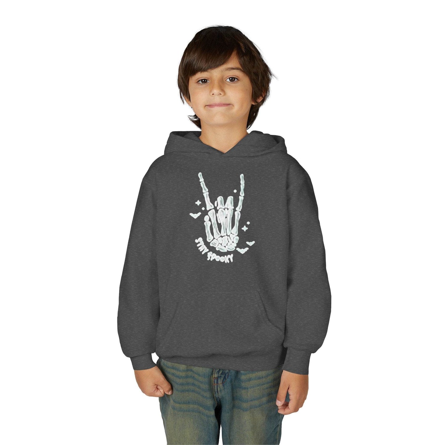Youth Ghostly Rocker Hoodie - Stay Spooky Sweatshirt, Halloween Apparel, Youth Fashion, Skeleton Design, Cozy Gift - IntuitiveEncBoutique