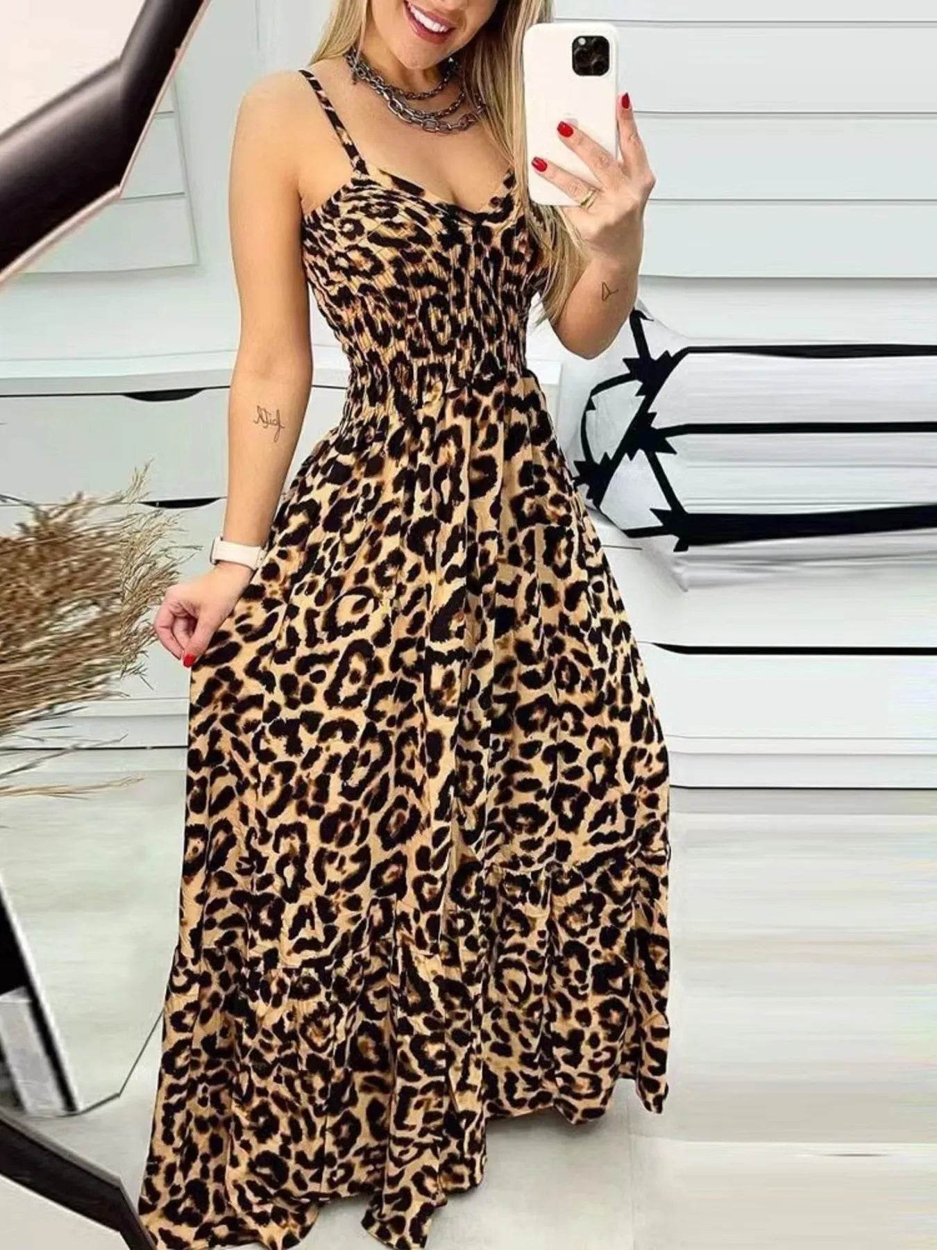 Full Size Leopard Print Spaghetti Strap Maxi Dress Plus Size - IntuitiveEncBoutique