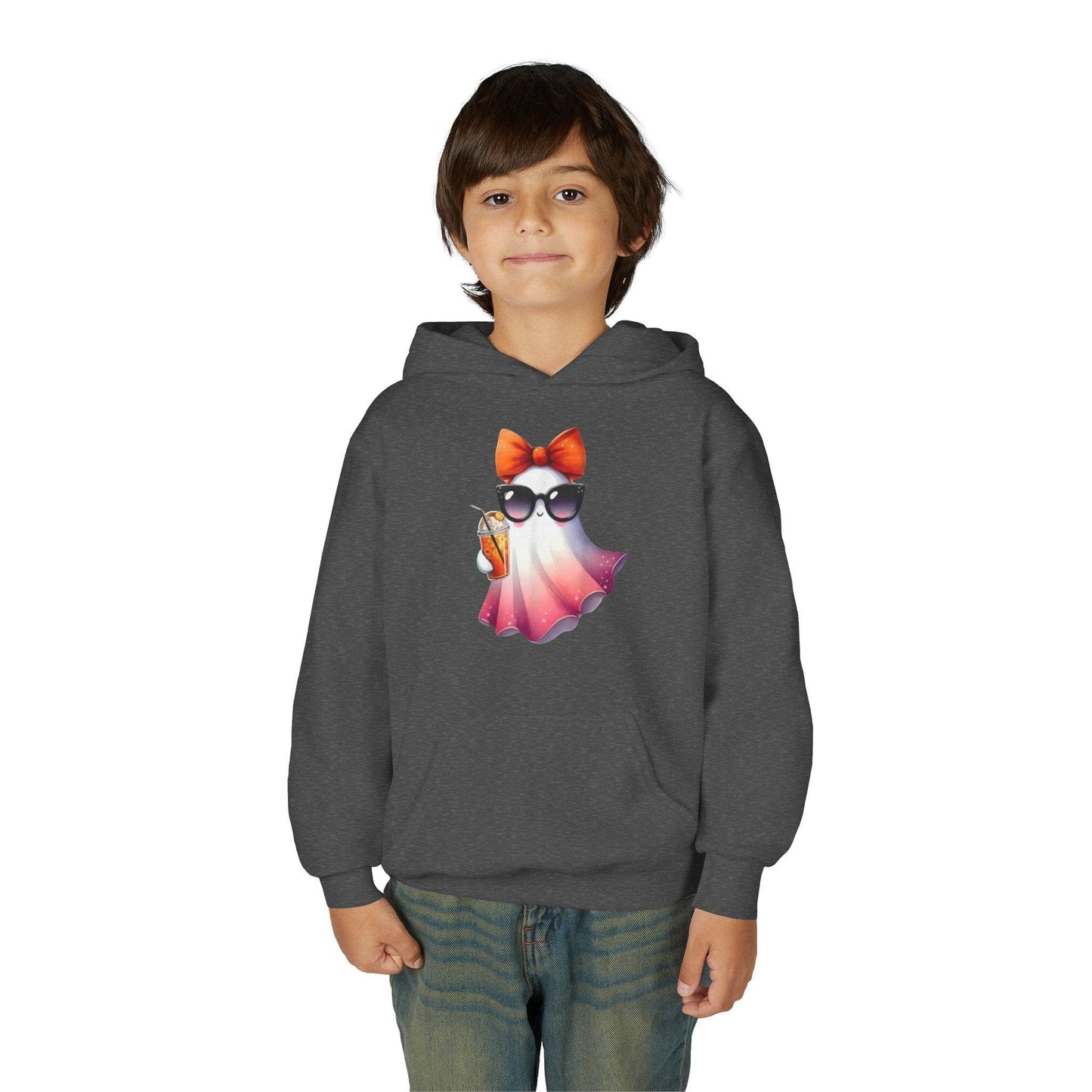 Youth Ghostly Glam Hoodie, Cute Ghost Design Sweatshirt, Halloween Apparel, Halloween Costume, Kids Hooded Sweatshirt - IntuitiveEncBoutique