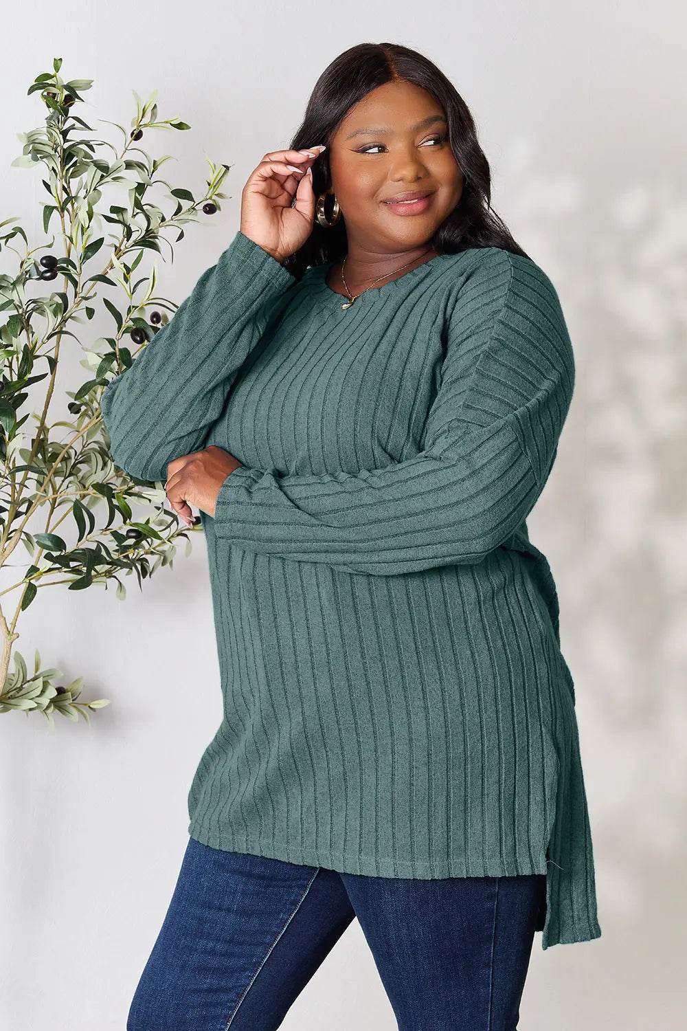 Basic Bae Full Size Ribbed Round Neck Long Sleeve Slit Top - IntuitiveEncBoutique