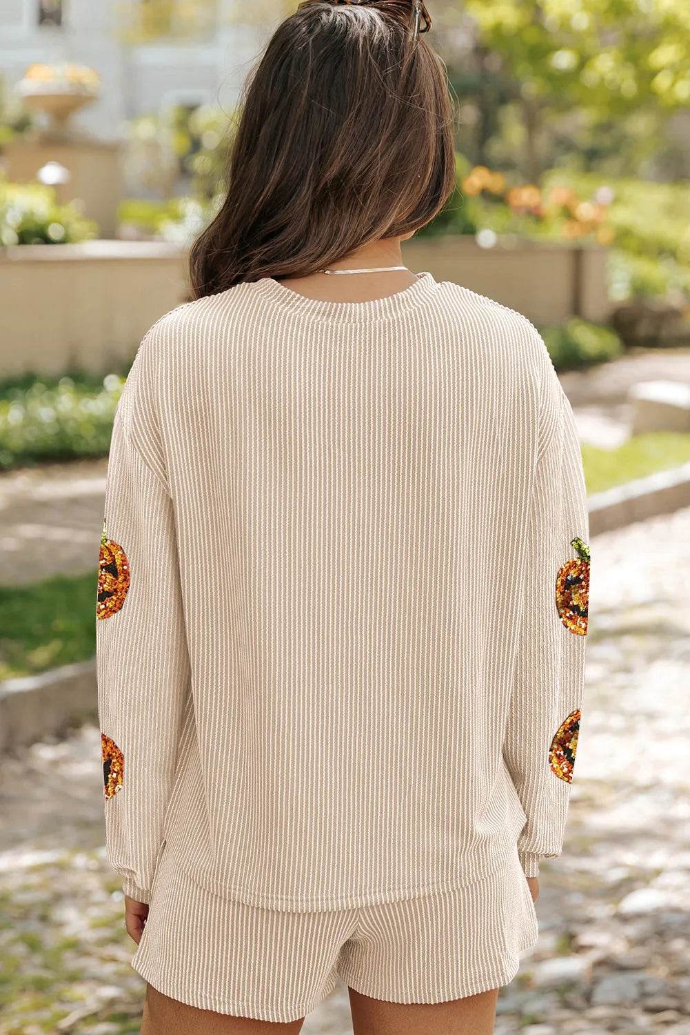 Sequin Pumpkin Round Neck Top and Shorts Set - IntuitiveEncBoutique