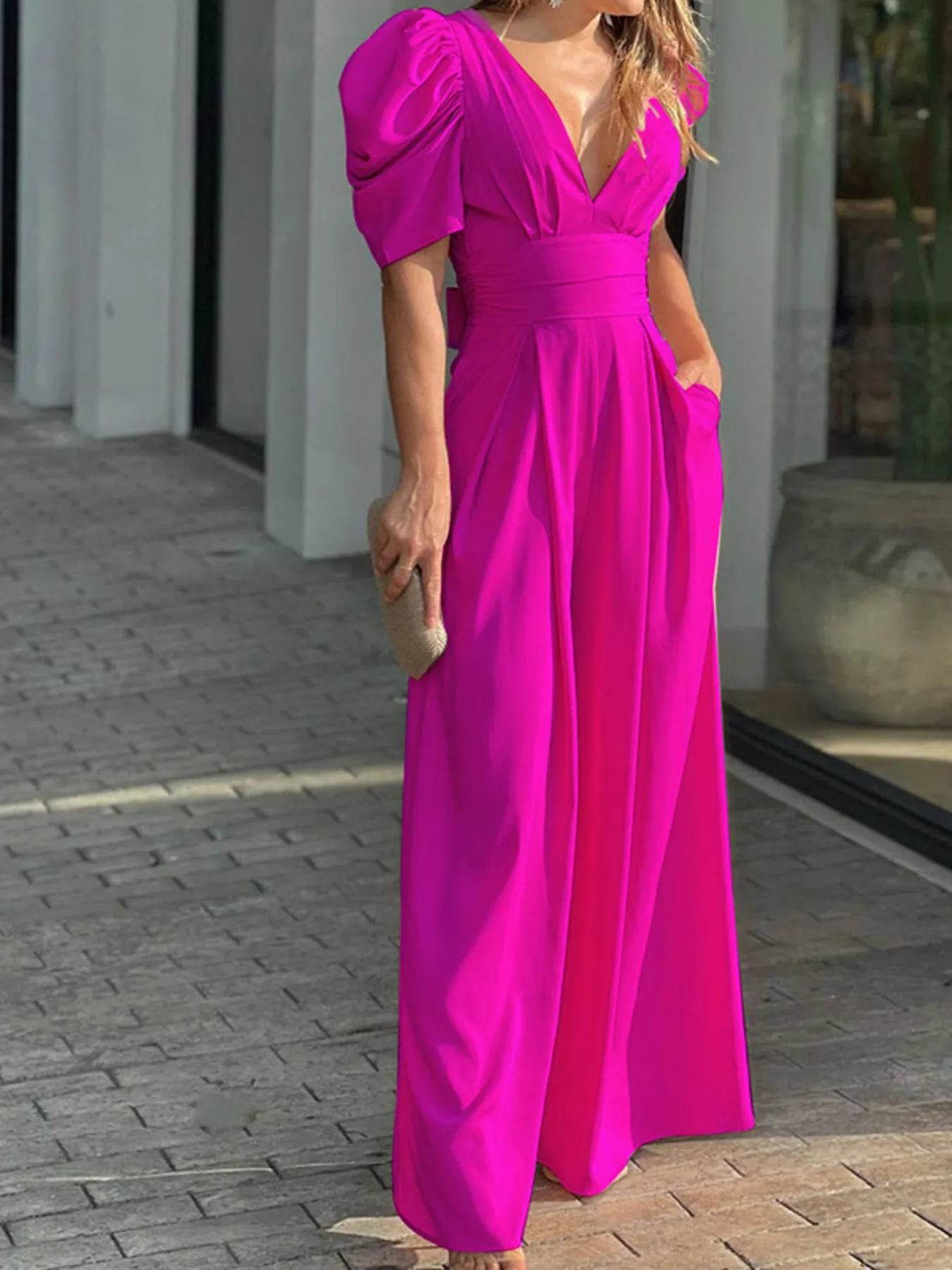 Full Size Cutout V-Neck Puff Sleeve Jumpsuit Plus Size - IntuitiveEncBoutique