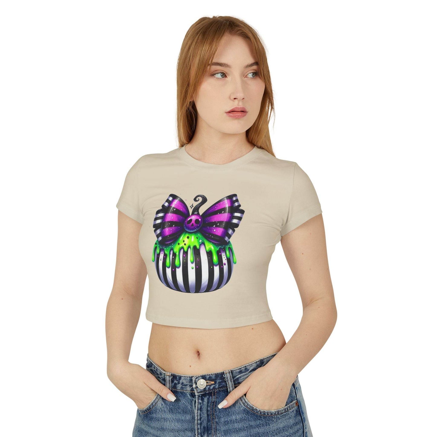 Cute Halloween Baby Tee with Spooky Bow Design | Women's Graphic T-Shirt, Party Shirt, Fall Fashion, Gift Idea, Casual Wear - IntuitiveEncBoutique