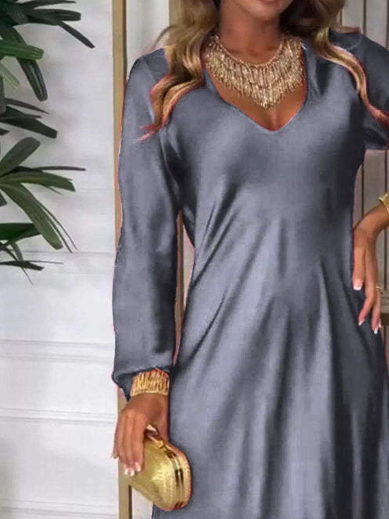 Full Size V-Neck Long Sleeve Midi Dress Plus Size - IntuitiveEncBoutique