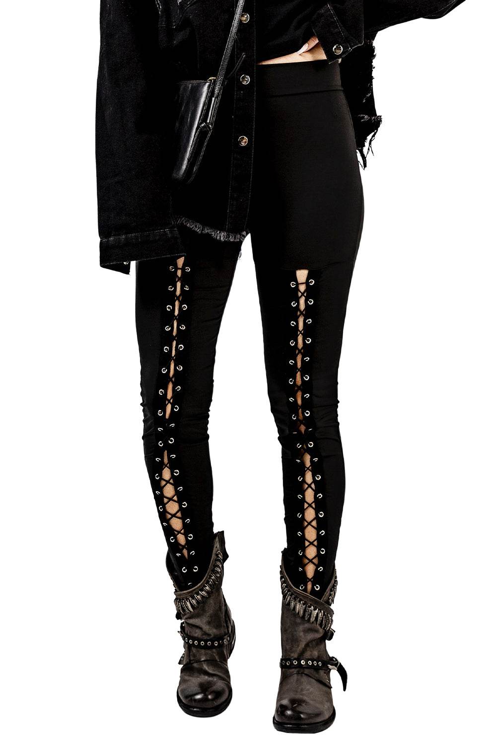 Black Grommet Lace Up Front Leggings - IntuitiveEncBoutique