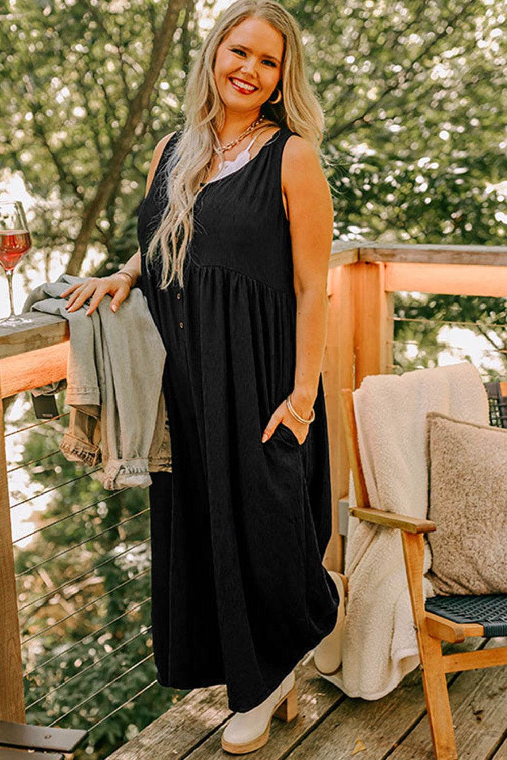 Black Plus Size Sleeveless Button Front Loose Jumpsuit - IntuitiveEncBoutique