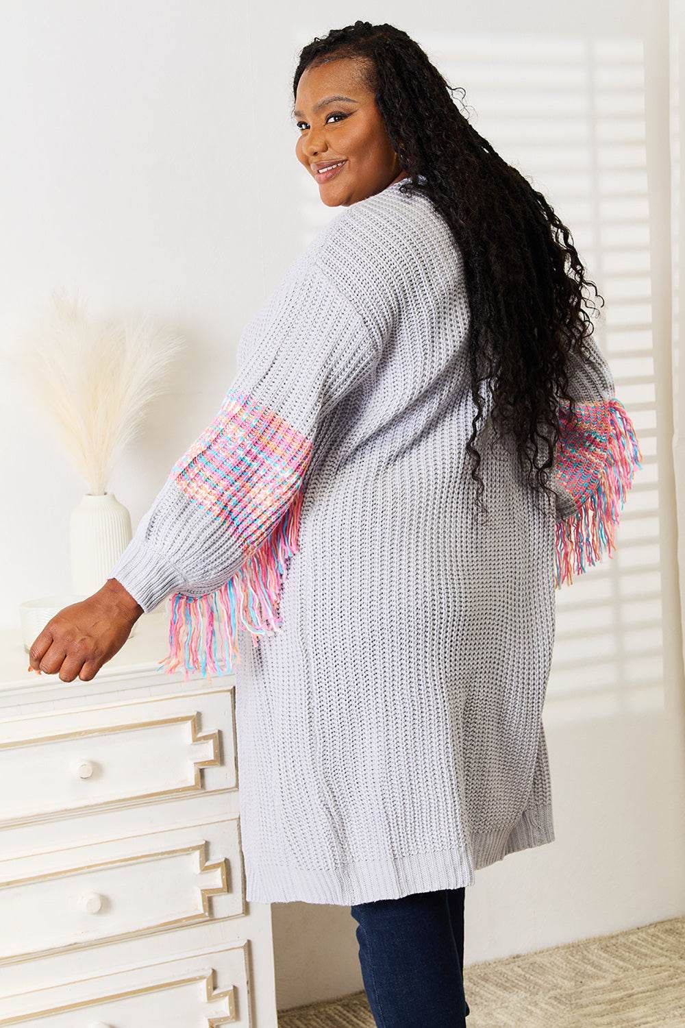 Woven Right Fringe Sleeve Dropped Shoulder Cardigan - IntuitiveEncBoutique