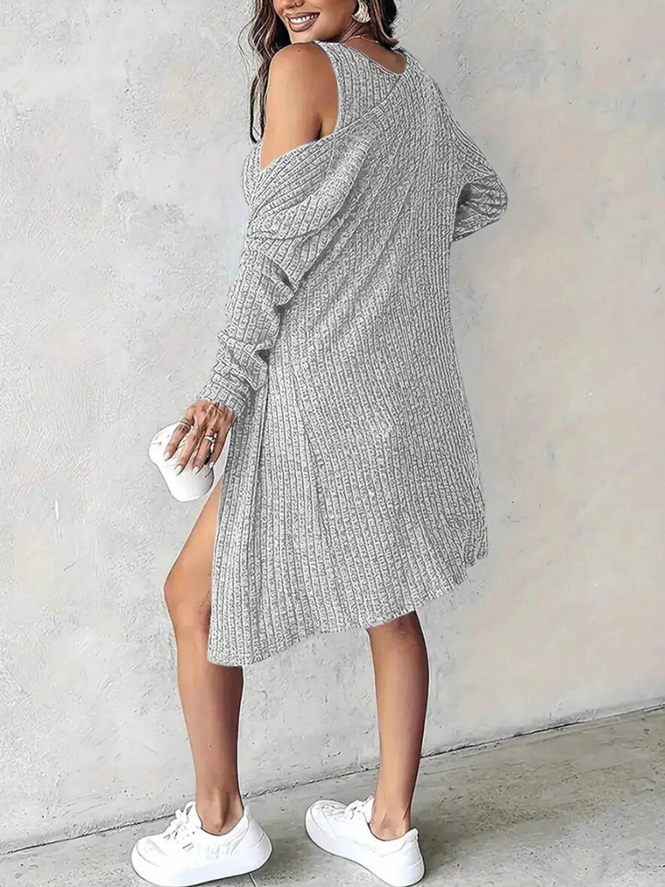 Ribbed Button Front Dress and Cardigan Sweater Set - IntuitiveEncBoutique
