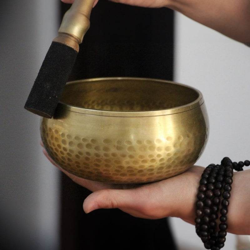 Tibetan brass singing bowl with Sanskrit – handmade meditation instrument for stress relief. - IntuitiveEncBoutique