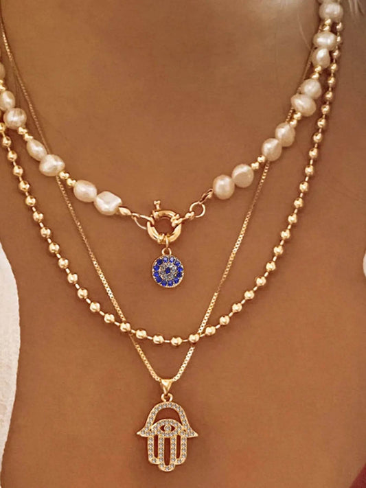 Layered Pearl Chain Evil Eye Hamsa Pendant Necklace - IntuitiveEncBoutique