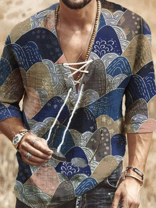 Men's Full Size Printed Lace Up Blouse Plus Size - IntuitiveEncBoutique