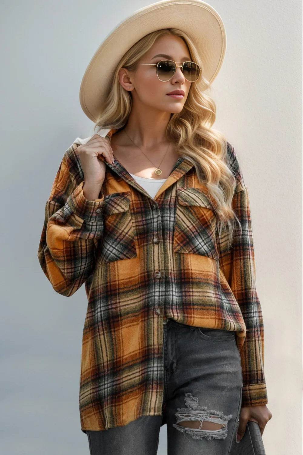 Double Take Drawstring Plaid Long Sleeve Hooded Shacket - IntuitiveEncBoutique