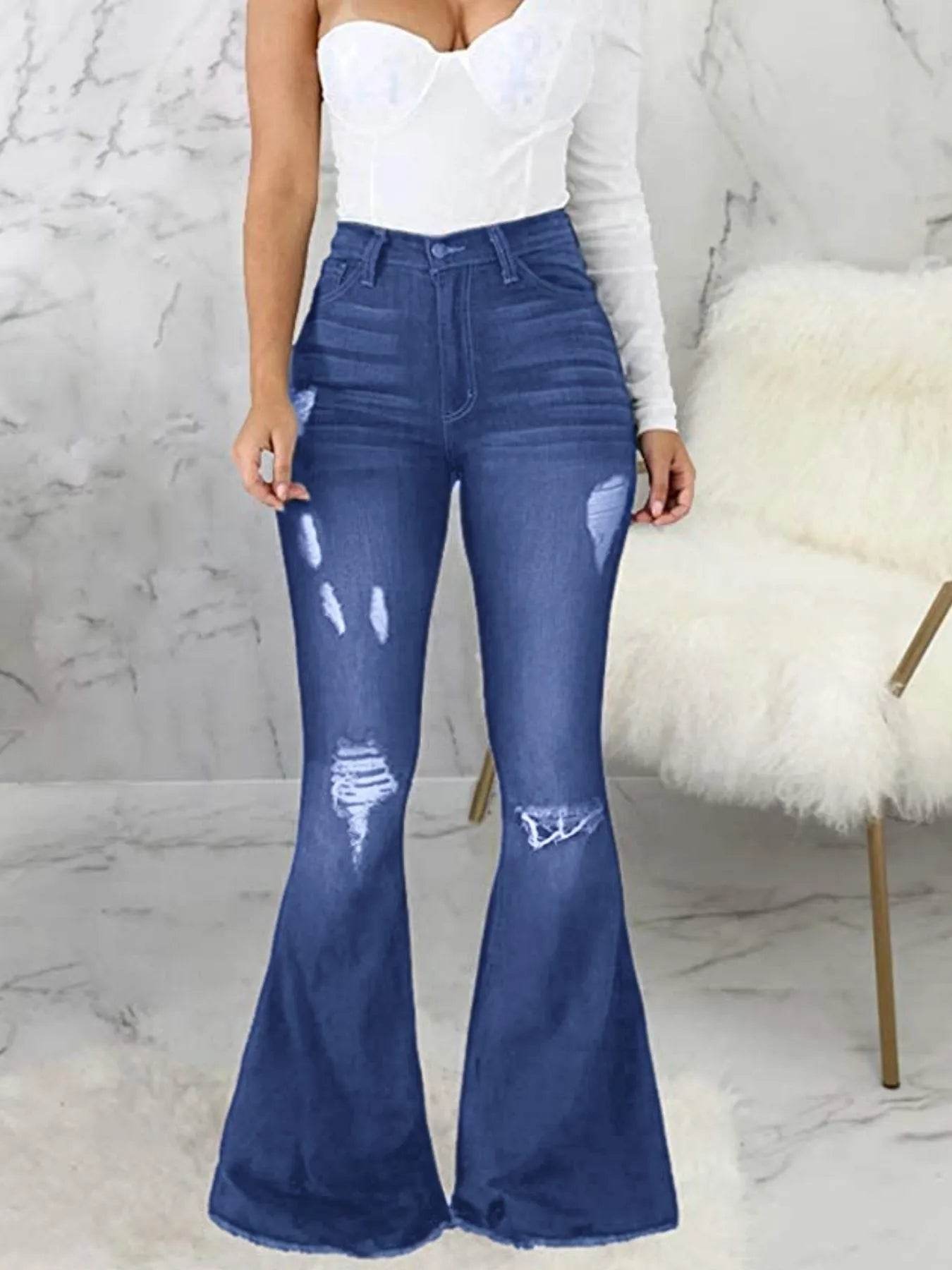 Full Size Distressed Raw Hem Flare Jeans Plus Size - IntuitiveEncBoutique