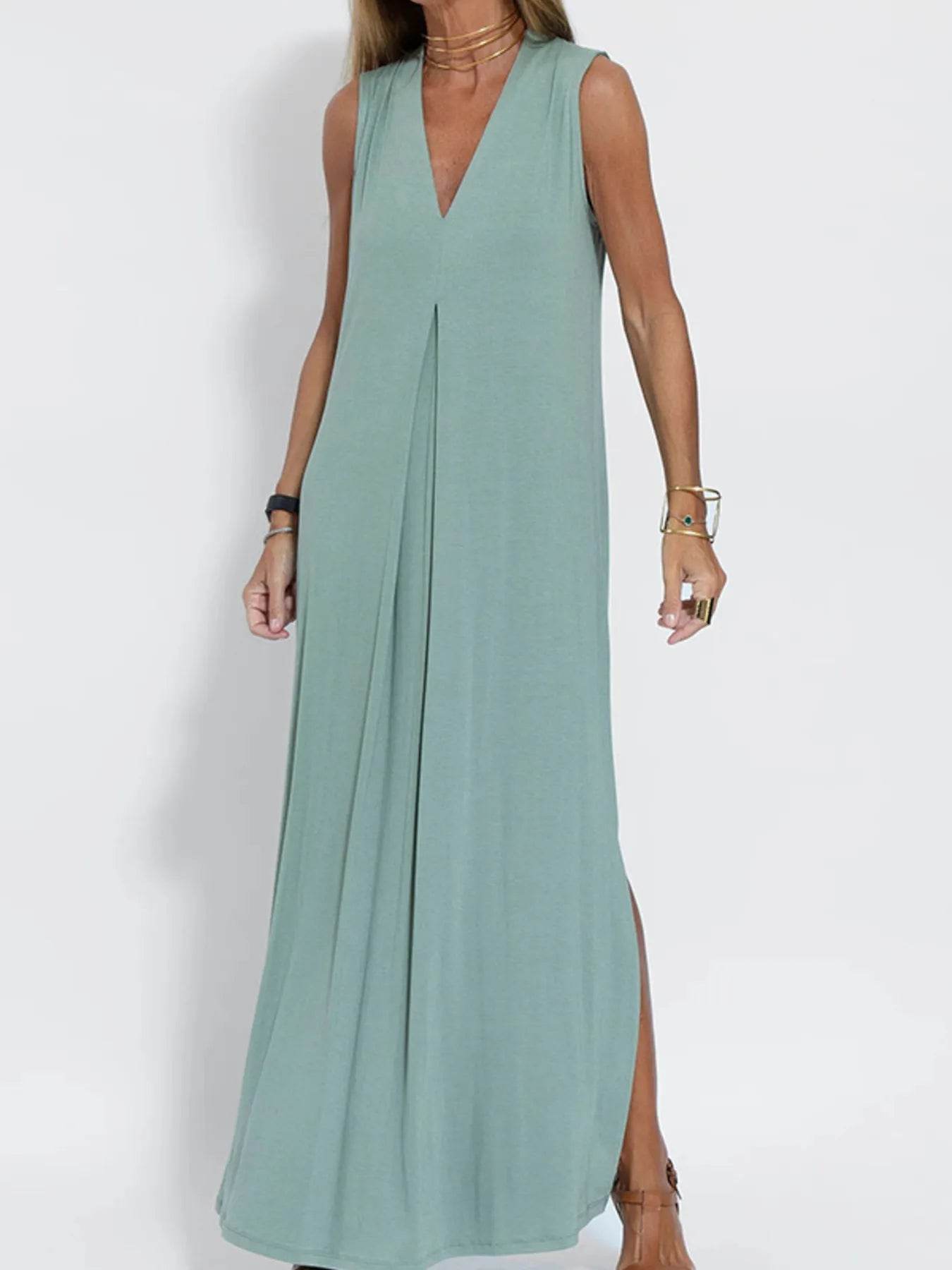Full Size V-Neck Sleeveless Maxi Dress with Slit Plus Size - IntuitiveEncBoutique