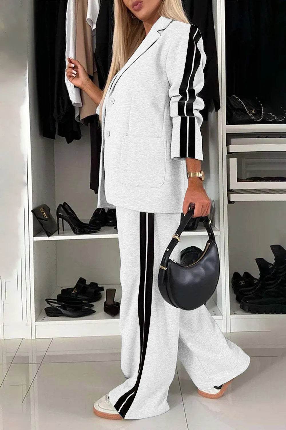 Full Size Contrast Lapel Collar Top and Pants Set - IntuitiveEncBoutique