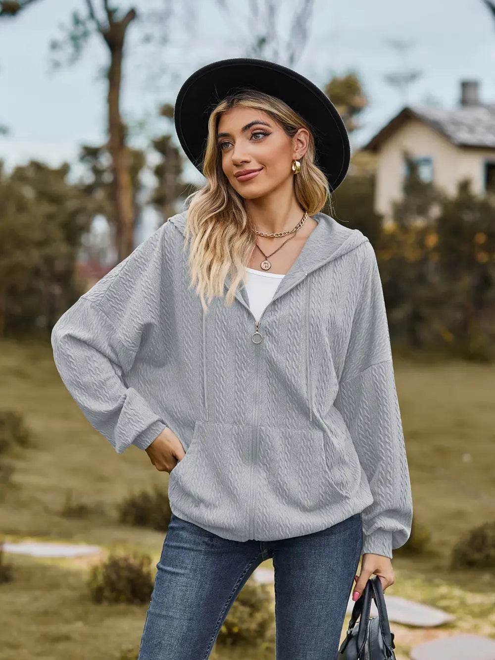 Zip Up Drawstring Long Sleeve Hooded Jacket - IntuitiveEncBoutique