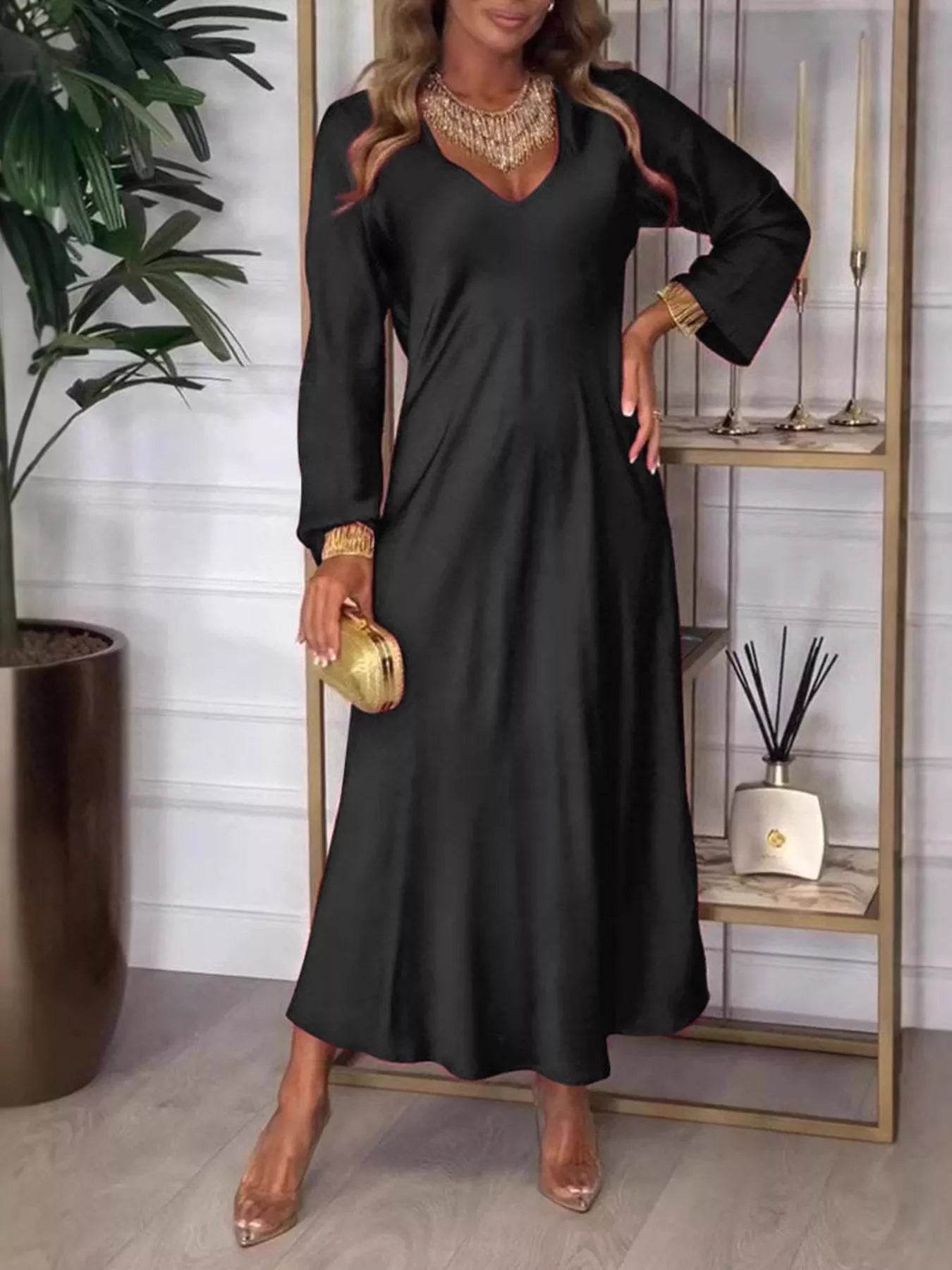 Full Size V-Neck Long Sleeve Midi Dress Plus Size - IntuitiveEncBoutique