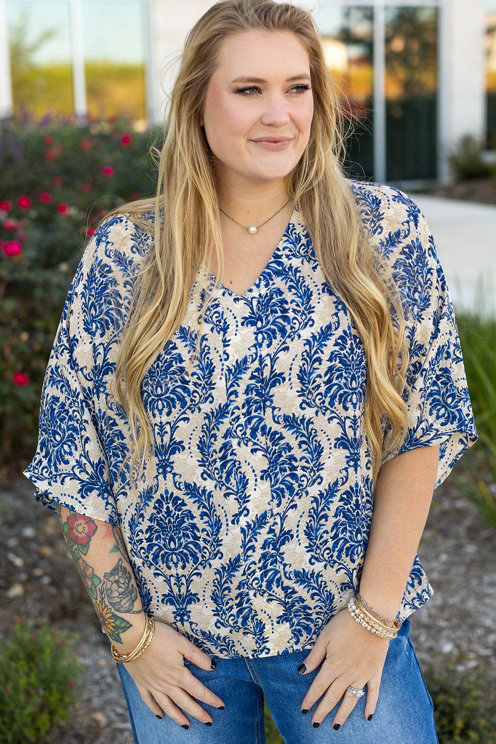 Blue Plus Size Ethnic Printed 3/4 Sleeve V Neck Loose Blouse - IntuitiveEncBoutique