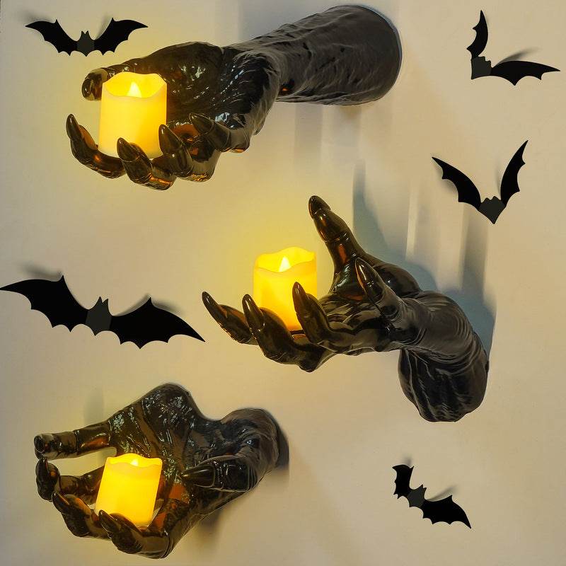 Gothic Halloween Indoor Decor: 12-Pack Bat Sticker Wall Hangings (Spooky Hands & Lit Candles) for Gothic Walls - IntuitiveEncBoutique
