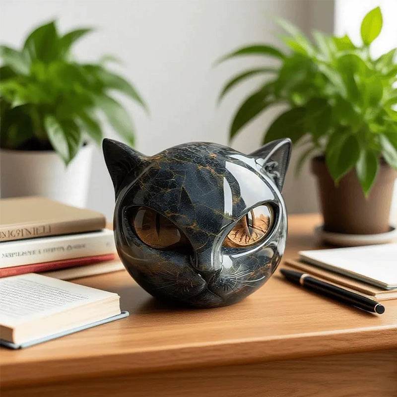 Black cat stone statue (resin head, marble texture): healing stone, souvenir, gift, home/office desk decor. - IntuitiveEncBoutique