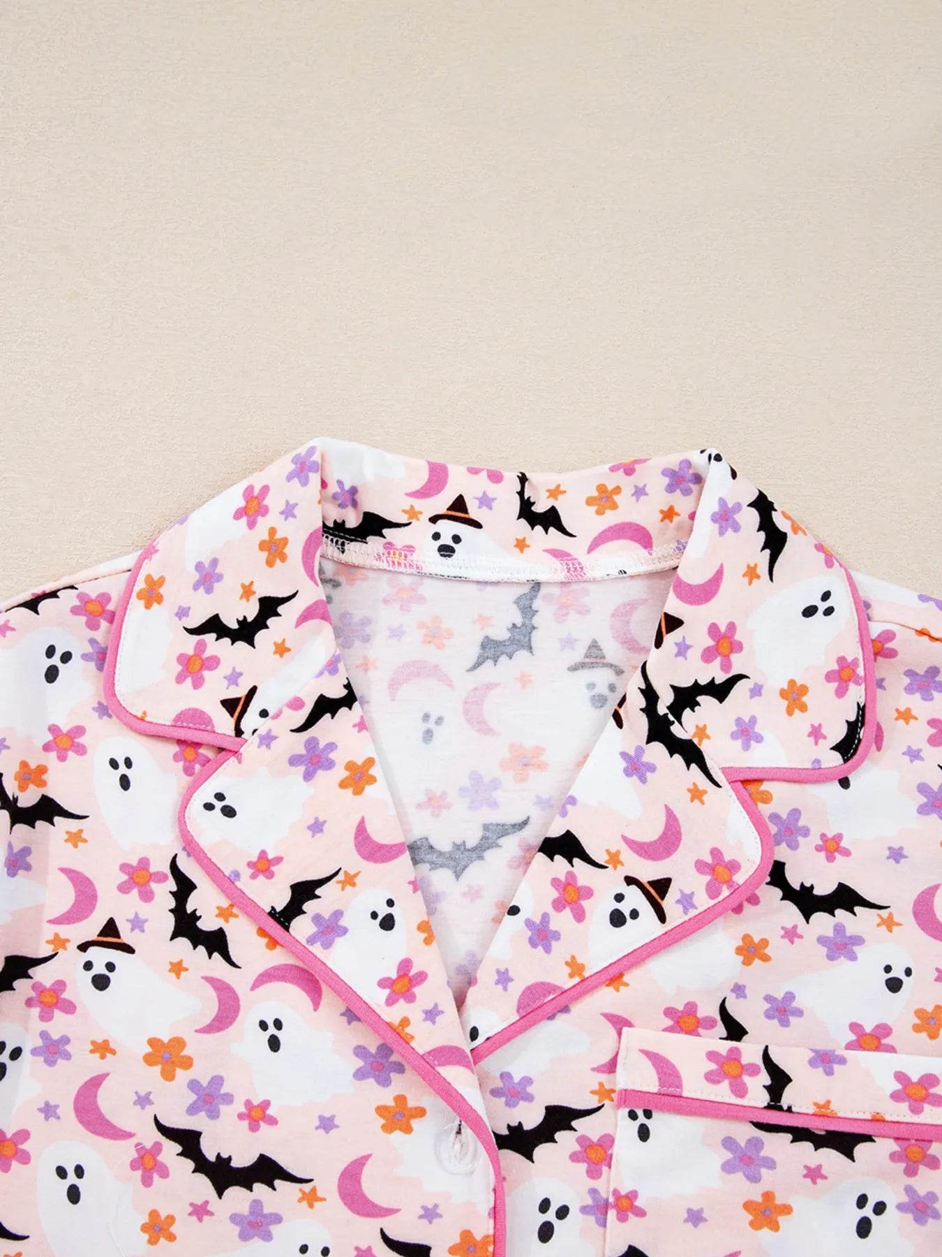 Halloween Ghost Print Button Up Top and Pants Lounge Set - IntuitiveEncBoutique