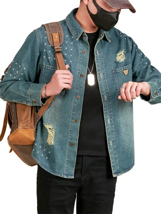 Men's Plus Size Studded Distressed Denim Jacket - IntuitiveEncBoutique