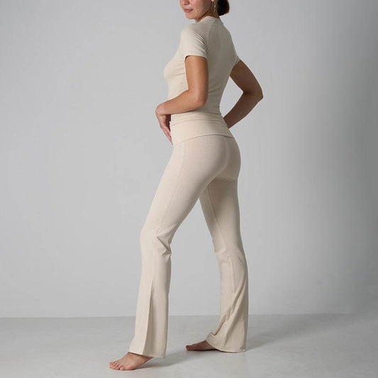 Classic Cotton Jersey Set -Casual Yoga Flare Pants with Short Sleeve - IntuitiveEncBoutique