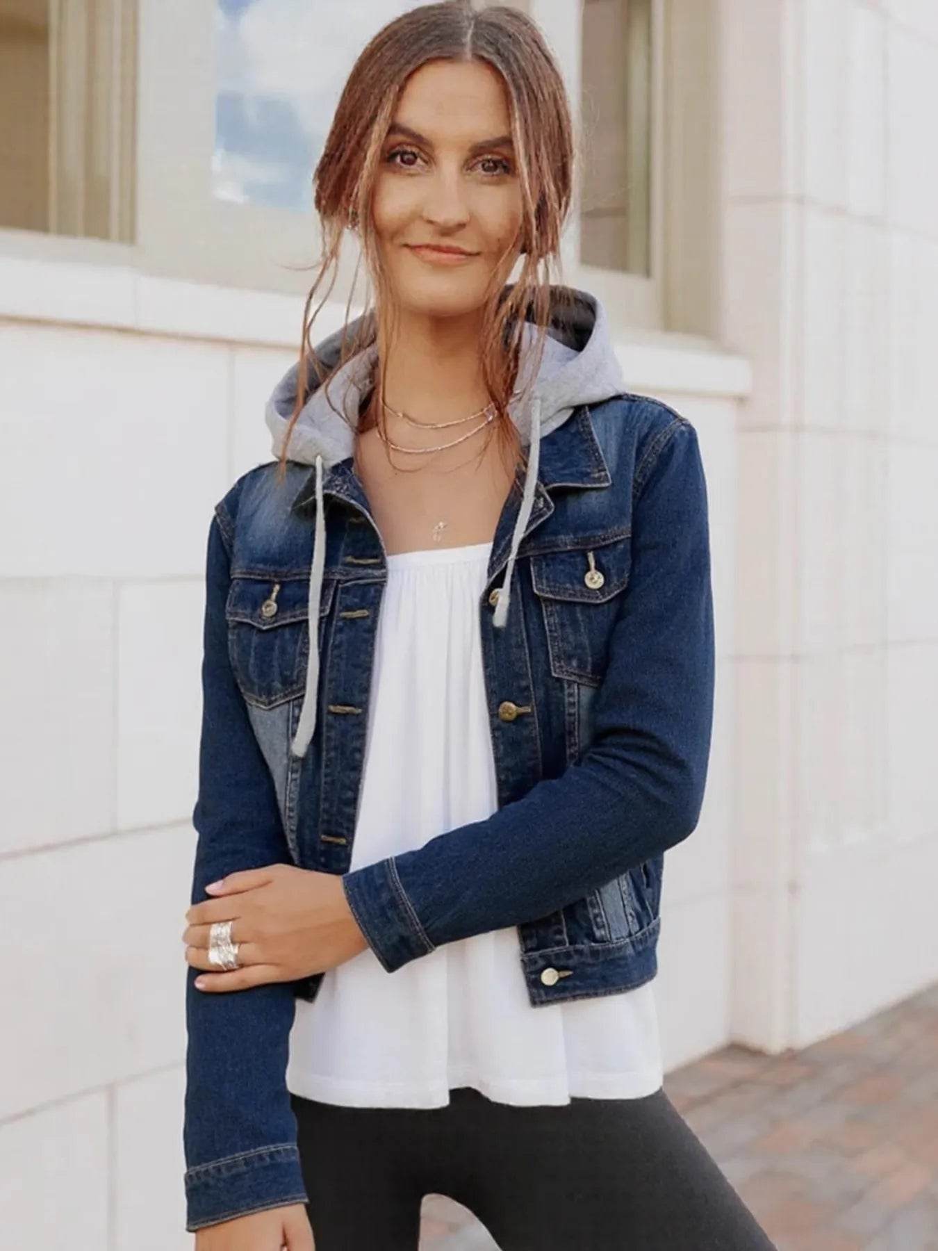 Full Size Button Up Drawstring Hooded Denim Jacket Plus Size - IntuitiveEncBoutique