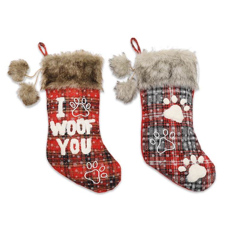 Christmas Stocking Christmas Decorations Fur Collar with Ball Plaid Printing Letter Dog Paw Seeds Pendant New Year - IntuitiveEncBoutique