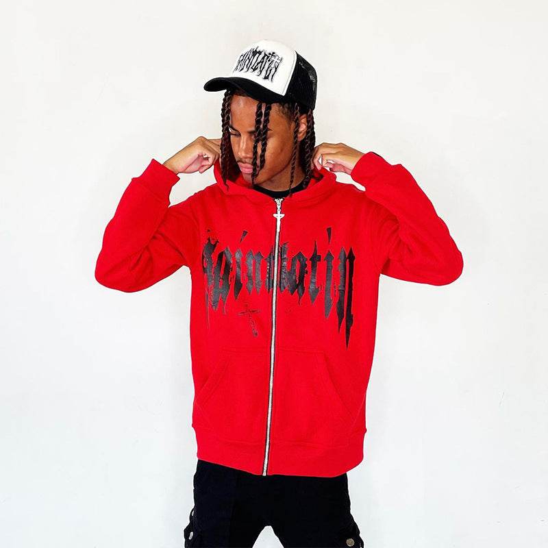 Hooded Sweatshirt with Foamed Print Trendy Letter Zipper Hoodie Long Sleeve Sweatshirt - IntuitiveEncBoutique
