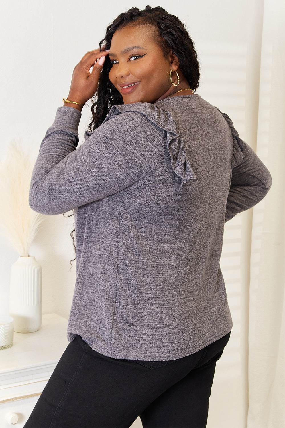 Double Take Square Neck Ruffle Shoulder Long Sleeve T-Shirt - IntuitiveEncBoutique