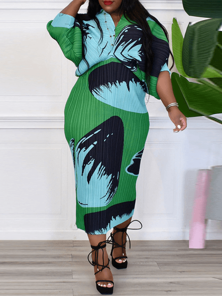 V-Neck Bat Sleeve Print Dress - IntuitiveEncBoutique
