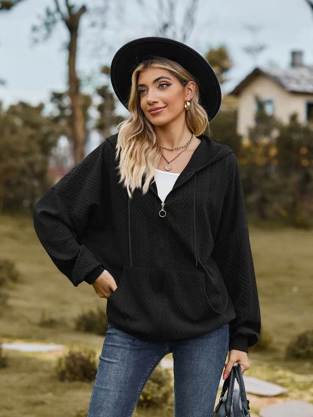 Zip Up Drawstring Long Sleeve Hooded Jacket - IntuitiveEncBoutique