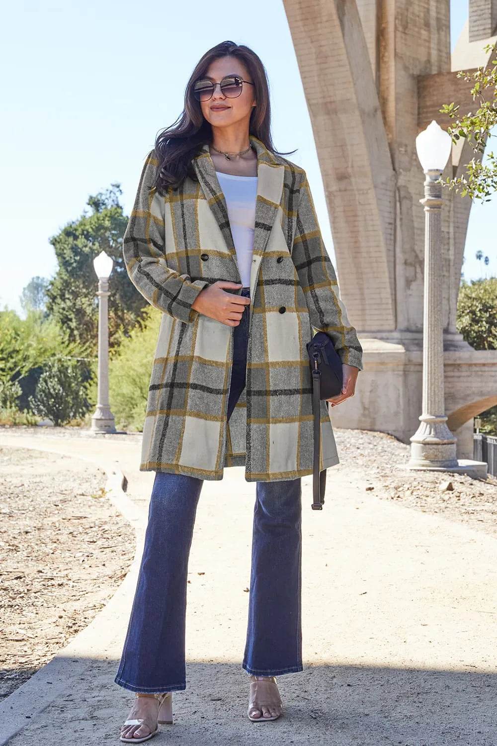 Double Take Full Size Plaid Button Up Lapel Collar Coat - IntuitiveEncBoutique