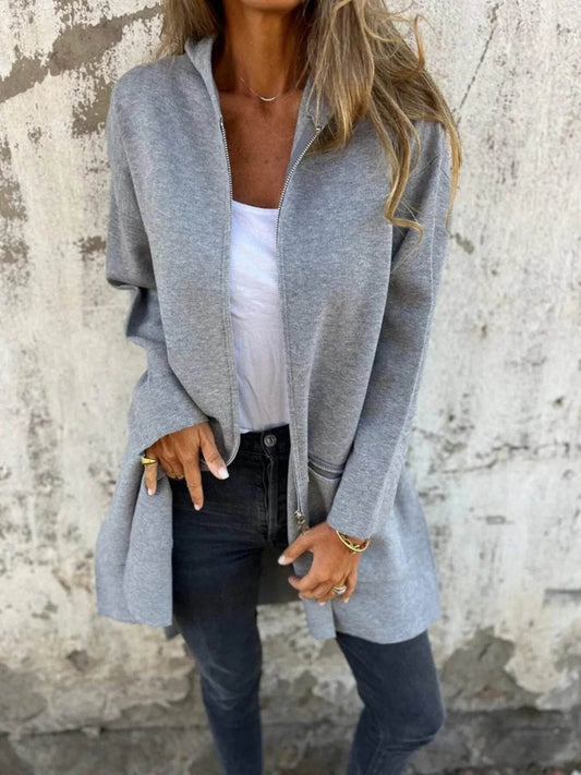 Full Size Zip Up Long Sleeve Hooded Outerwear Plus Size - IntuitiveEncBoutique