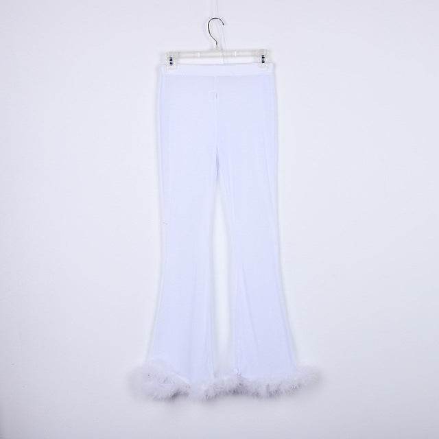 Mesh High Waist Pants and Long Sleeve Crop Top Sets Party Clubwear Sexy Faux Fur Outfit Two Piece Sets - IntuitiveEncBoutique