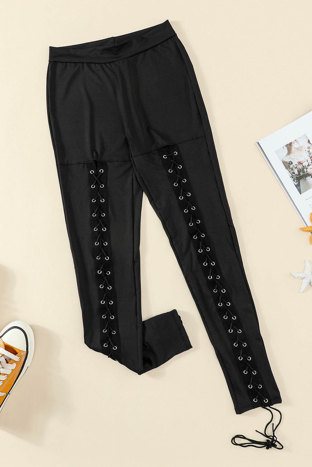 Black Grommet Lace Up Front Leggings - IntuitiveEncBoutique