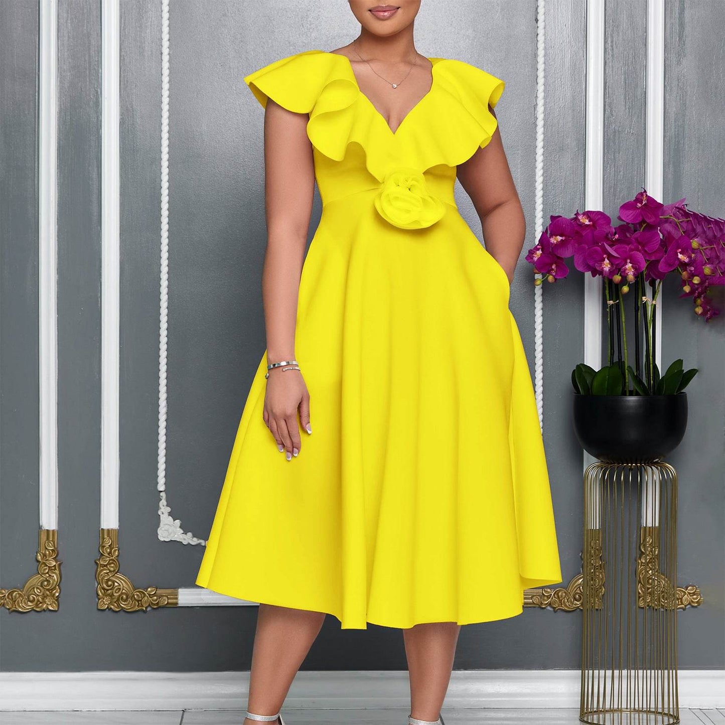 V-neck Ruffled Hem 3D Flower Skirt Evening Dress Banquet Dress - IntuitiveEncBoutique