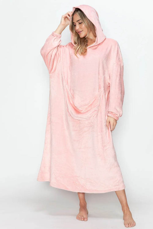 Double Take Full Size Pocketed Hooded Midi Lounge Dress - IntuitiveEncBoutique