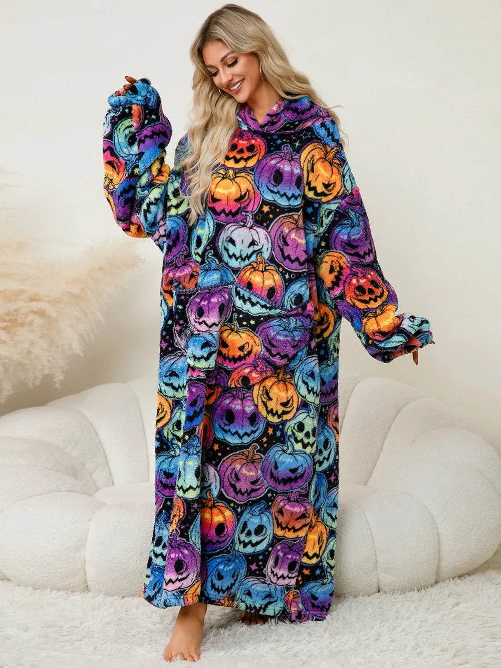 Fuzzy Pocketed Long Sleeve Hooded Lounge Dress - IntuitiveEncBoutique