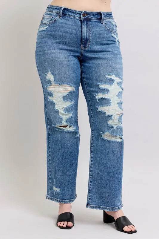 Judy Blue Full Size High Waist Heavy Destroy Straight Jeans Plus Size - IntuitiveEncBoutique
