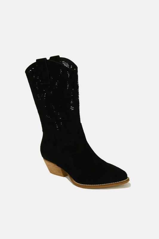 Beast Fashion Faux Suede Laser Cut Detail Block Heel Boots - IntuitiveEncBoutique