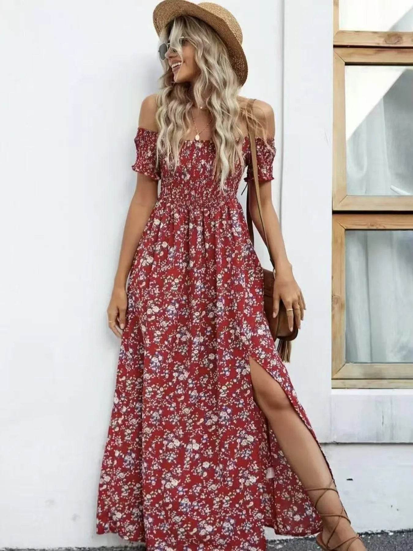 Full Size Slit Off-Shoulder Floral Midi Dress Plus Size - IntuitiveEncBoutique