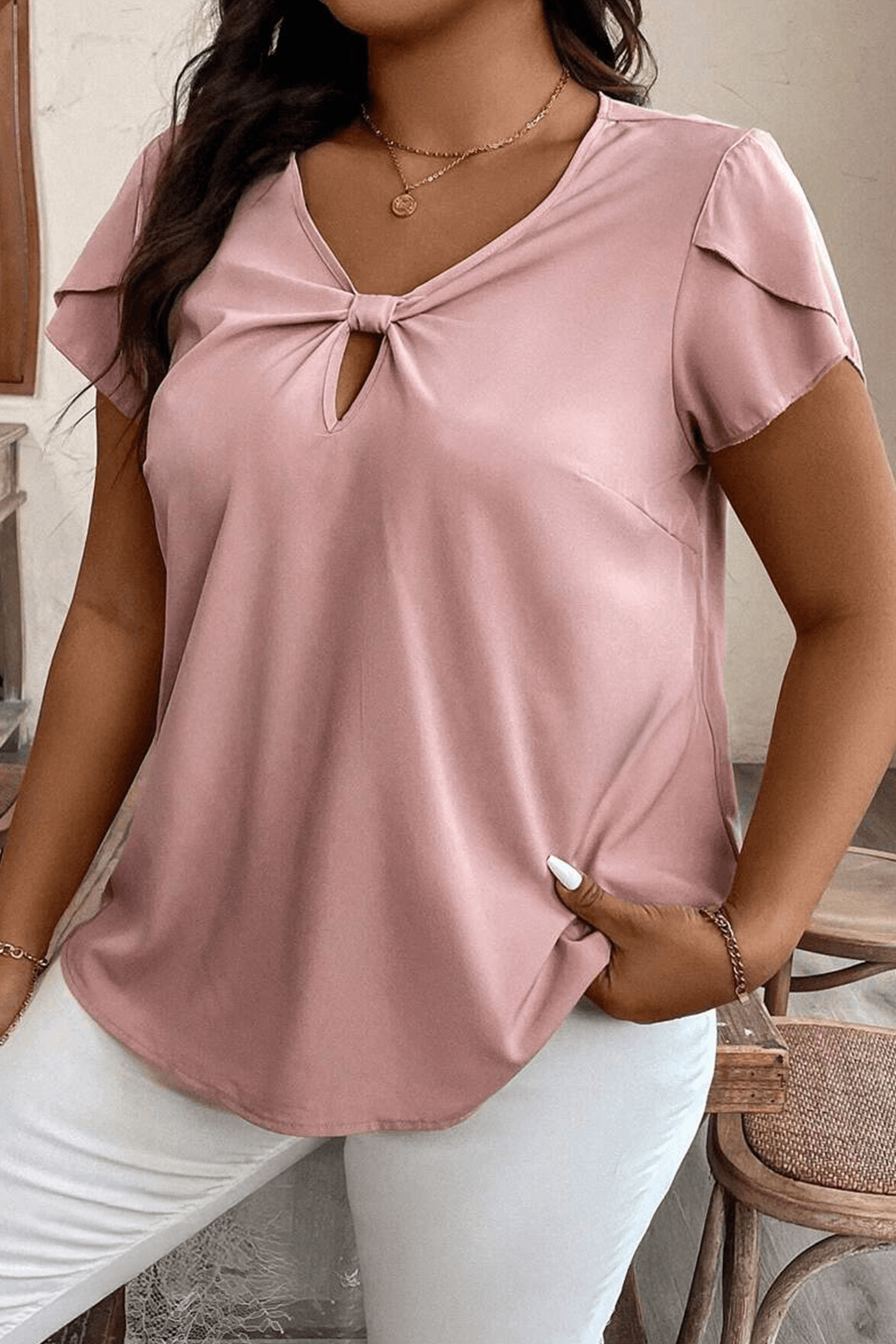 Pink Knotted Keyhole Front Petal Short Sleeve Plus Size Top - IntuitiveEncBoutique